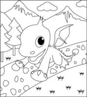 Dragon Coloring Page 15. Cute Dragon with nature, green grass, trees on background, vector black and white coloring page.