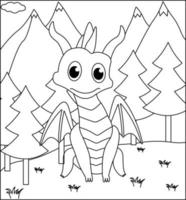 Dragon Coloring Page 10. Cute Dragon with nature, green grass, trees on background, vector black and white coloring page.