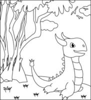 Dragon Coloring Page 14. Cute Dragon with nature, green grass, trees on background, vector black and white coloring page.