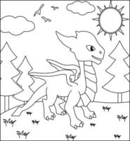 Dragon Coloring Page 7. Cute Dragon with nature, green grass, trees on background, vector black and white coloring page.