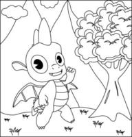 Dragon Coloring Page 5. Cute Dragon with nature, green grass, trees on background, vector black and white coloring page.