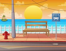 A wooden bench on the sidewalk with sea view vector