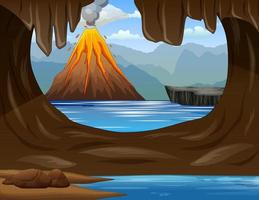 ilustración de una cueva frente al mar con montañas en erupción al fondo vector