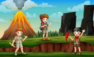 Three of scouts are exploring at the green hill illustration vector