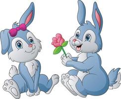 Cute a couple rabbit gives his beloved flower vector