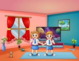 Two kids in uniform ready to go to school vector