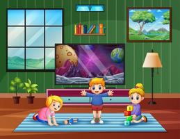 Happy children playing in front of the tv vector