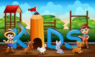 The farmers with farm animals in the playground background vector