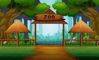 escena con entrada al zoológico en el fondo del bosque vector