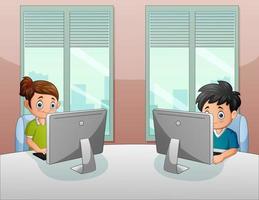 Boy and girl sitting on chair at table in front of computer vector