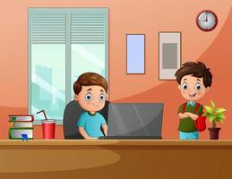caricatura de los niños jugando con la computadora en el escritorio vector