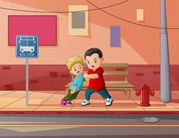 Cartoon illustration of a boy bullying little kid in the street