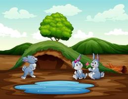 caricatura tres de conejos jugando cerca del pequeño estanque vector