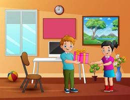 A boy giving gift box to happy girl at home vector