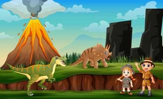 Cartoon of zookeepers and dinosaurs with volcano eruption landscape vector