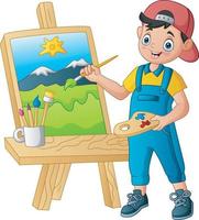 Boy painting a landscape on the canvas vector