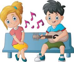 niño feliz tocando la guitarra y cantando a su novia vector
