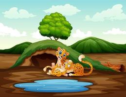 Cartoon a mother cheetah with her cub playing at nature vector