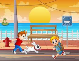 ilustración los niños corriendo en la calle vector