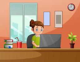 A woman freelancer working with laptop sitting at workplace vector