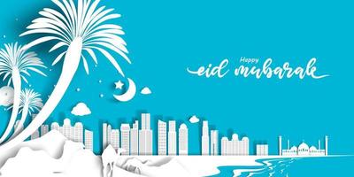 ilustración de la tarjeta de felicitación de eid mubarak, vector de dibujos animados ramadan kareem deseando festival islámico para banner con ciudad en la meca de oriente medio con estilo de papel