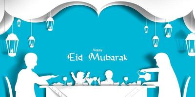 Paper cut illustration of happy family eat in dining table celebration Eid Festival. Poster or banner design. vector