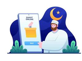 pague zakat en línea con la aplicación móvil. persona musulmana dando zakat en línea en aplicaciones para teléfonos inteligentes. se puede usar para web, página de inicio, redes sociales, animación, aplicaciones, etc. vector