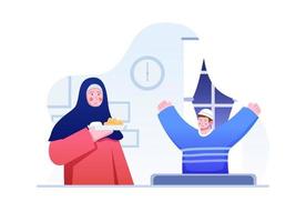 la madre sirve comida iftar para su hijo. los niños son felices cuando el tiempo de iftar después del ayuno. se puede usar para web, página de destino, animación, libro, presentación, redes sociales, etc. vector