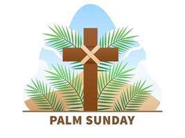Christian Palm Sunday religious holiday with palm leaves and cross illustration vector. Can be used for greeting card, postcard, banner, poster, web, social media, print, book, etc vector
