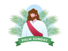 ilustración religión cristiana vacaciones domingo de ramos antes de la celebración de pascua con jesús entra a jerusalén y la gente da la bienvenida con hojas de palma. se puede utilizar para tarjetas de felicitación, postales, pancartas, afiches vector