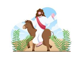 ilustración del domingo de ramos - jesús entrando en jerusalén con un burro y hojas de palma. la gente lo saluda con ramas de palma. ilustración de la historia bíblica. se puede utilizar para tarjetas de felicitación, postales, etc. vector