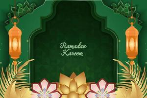 Ramadan Kareem Islamic green and gold luxury with flower ornament vector
