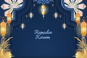 Ramadan Kareem Islamic blue and gold luxury with element vector