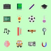 School set icons. Bag, book, pencil, graduation hat, board, ball, school bus, brain, computer, magnet, ruller and pen, scroll, song note, magnifier and test tube. Vector illustrator