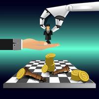 concepto de liderazgo, un robot da un ajedrez-negro-hombre de negocios a humanos, financieros e inversiones, ilustrador vectorial vector