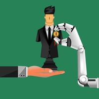 leadership concept, a robot give a medal to a black-chess-businessman, number one, vector illustrator