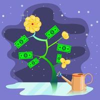 diseño 3d cortado en papel, un árbol de efectivo y dinero, una lata de riego, ilustrador vectorial vector