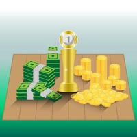 number one, a trophy, cash and coin on the floor, vector illustrator