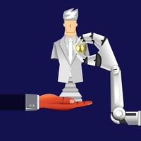 concepto de liderazgo, un robot le da una medalla a un hombre de negocios de ajedrez blanco, número uno, ilustrador vectorial vector