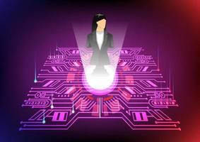 concepto de liderazgo, mujer de negocios de ajedrez negro, fondo de alta tecnología de luz azul y roja, ilustradora vectorial vector