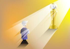 leadership concept, light shining throughout a trophy to a blue-chess-businessman, number one, vector illustrator