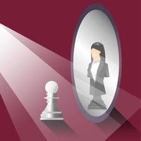 leadership concept, light shining to chess-pawn, pawn looking in the mirror and seeing a black-chess-businesswoman, vector illuatrator