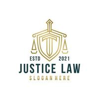 Lawyer Attorney Advocate Logo design vector template Linear style. Shield Sword Law Legal firm Security company logotype. Protect defense concept icon.