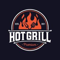 logotipo de barbacoa a la parrilla vintage, vector de barbacoa retro, icono de restaurante y comida a la parrilla, icono de fuego rojo