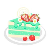 Green tea cake topped with strawberry. vector