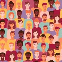 Crowd of young men and women in trendy hipster clothes. Diverse group of stylish people standing together. Society or population, social diversity. Flat cartoon vector illustration.