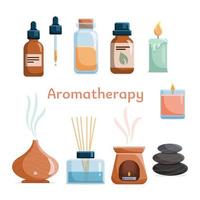 Aromatherapy icon set with essential oils for spa and massage. Bottles with natural aroma oils, herbs, diffuser, candle for wellness and beauty Homeopathy and ayurveda therapy. vector