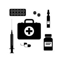 First aid kit supply emergency medical products. Healthy care illustration. Black icons vector