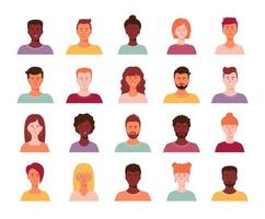 Set of different person portrait of big diverse business team vector flat illustration. Collection of people avatars isolated. Bundle of joyful smiling colleagues. Man and woman faces at round frame