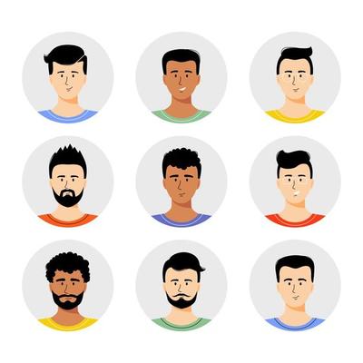 Man avatar set vector illustration. Young boys portrait with different hair style isolated on white background. Different nationalities